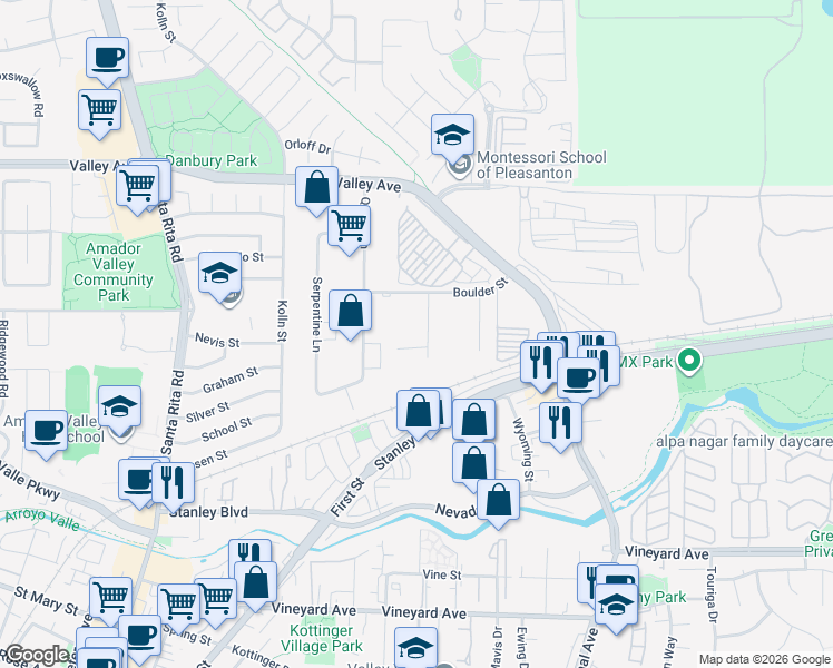 map of restaurants, bars, coffee shops, grocery stores, and more near 435 Boulder Court in Pleasanton