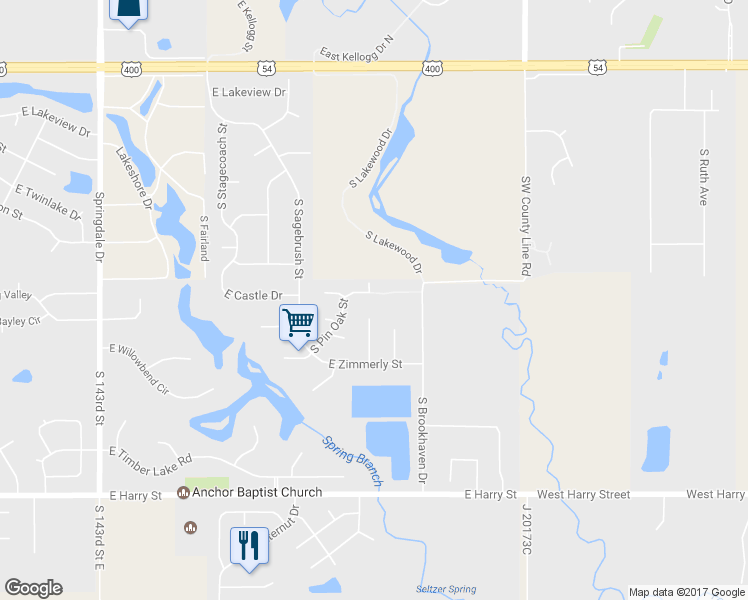 map of restaurants, bars, coffee shops, grocery stores, and more near 1300 South Ridgehurst Circle in Wichita