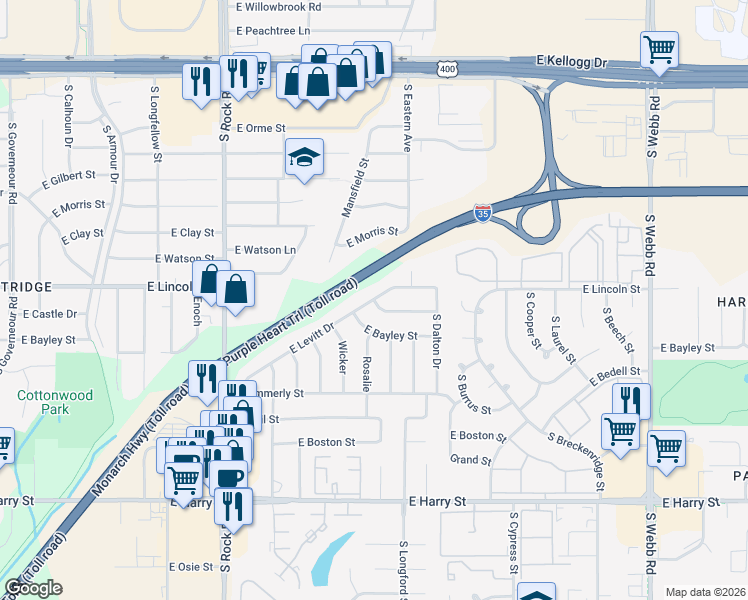 map of restaurants, bars, coffee shops, grocery stores, and more near 5826 East Castle Drive in Wichita