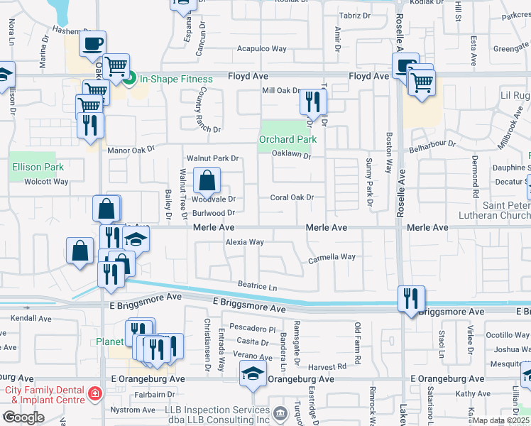 map of restaurants, bars, coffee shops, grocery stores, and more near 2601 Merle Avenue in Modesto