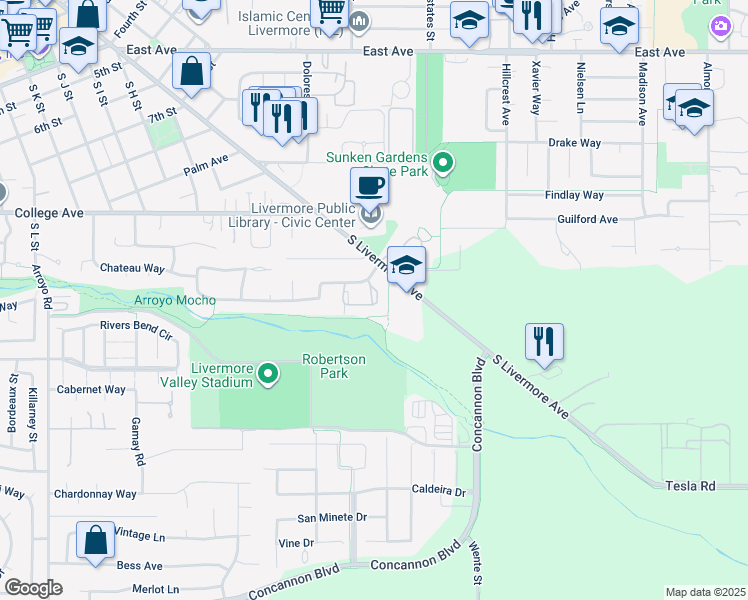map of restaurants, bars, coffee shops, grocery stores, and more near 1431 Chateau Common in Livermore