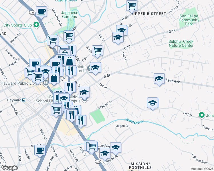 map of restaurants, bars, coffee shops, grocery stores, and more near 24003 2nd Street in Hayward