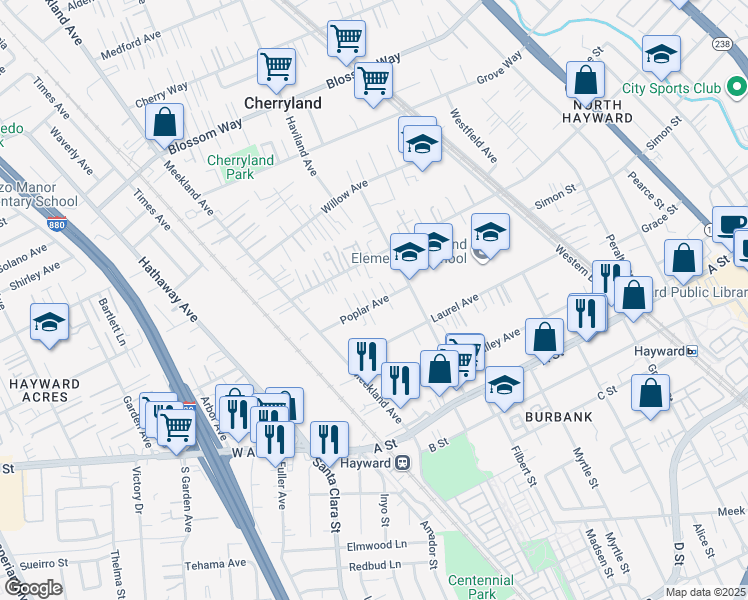 map of restaurants, bars, coffee shops, grocery stores, and more near 247 Poplar Avenue in Hayward