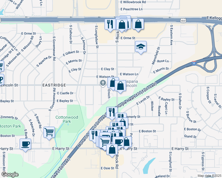 map of restaurants, bars, coffee shops, grocery stores, and more near 951 South Rock Road in Wichita
