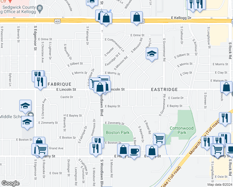 map of restaurants, bars, coffee shops, grocery stores, and more near 930 South Mission Road in Wichita