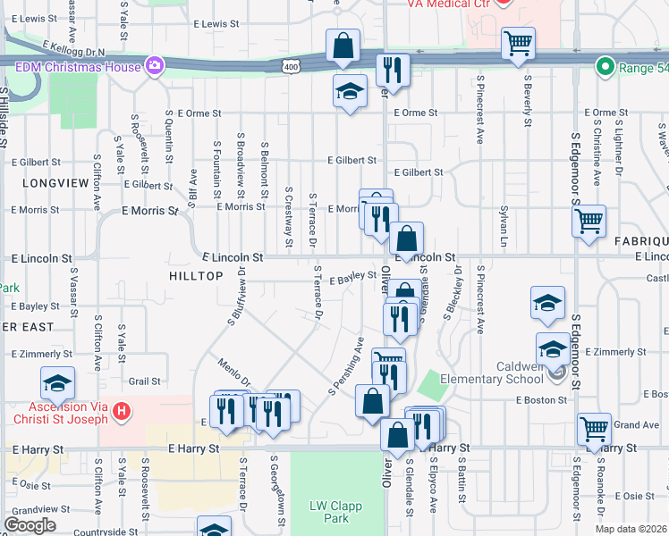 map of restaurants, bars, coffee shops, grocery stores, and more near 4629 East Bayley Street in Wichita