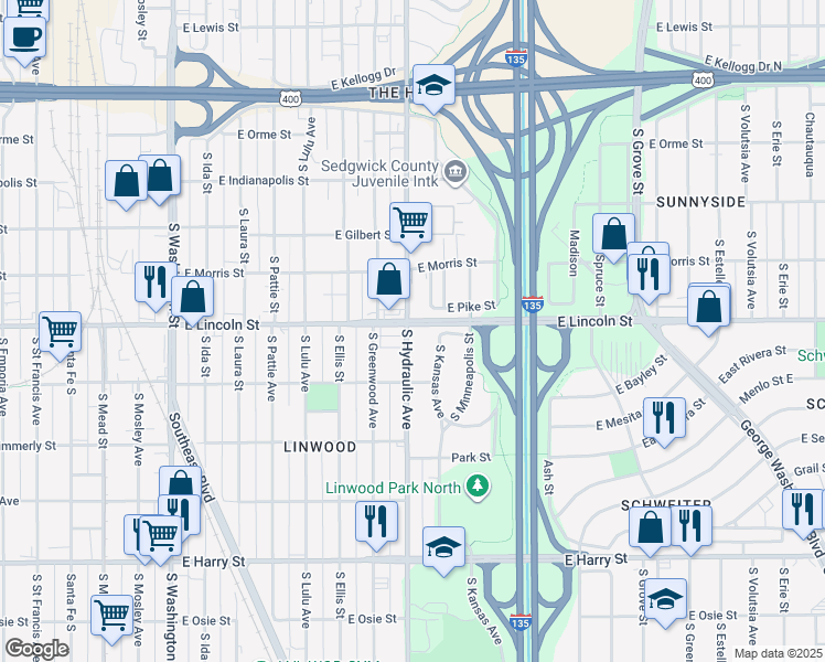 map of restaurants, bars, coffee shops, grocery stores, and more near 1226 South Hydraulic Avenue in Wichita
