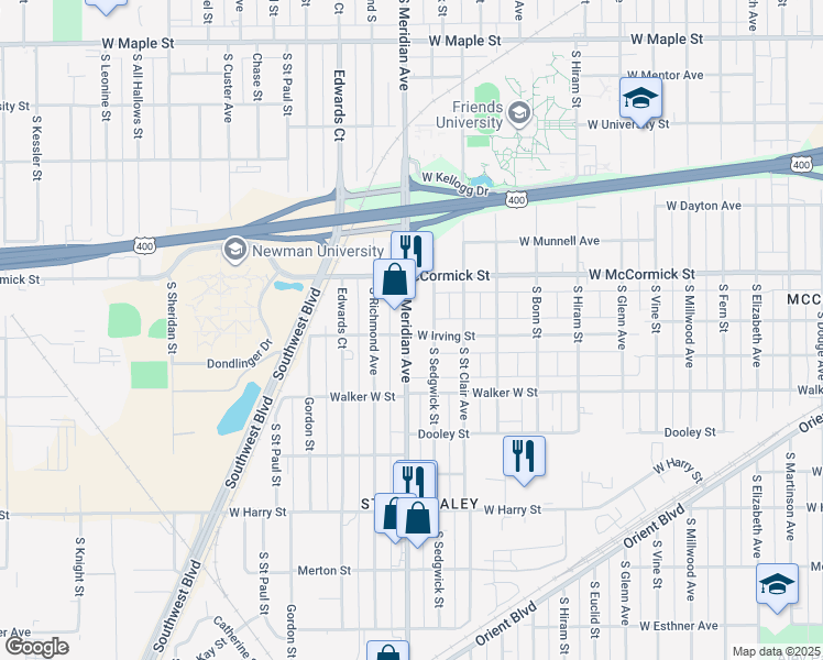 map of restaurants, bars, coffee shops, grocery stores, and more near in Wichita