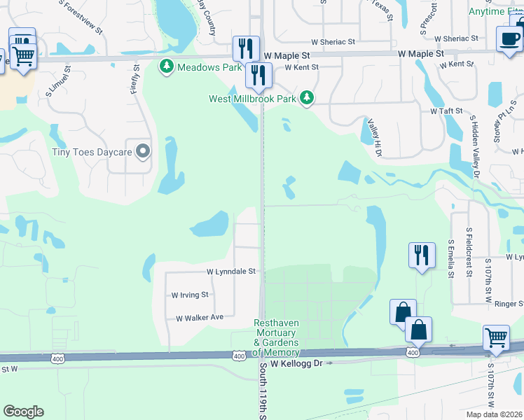 map of restaurants, bars, coffee shops, grocery stores, and more near 1007 South 119th Street West in Wichita