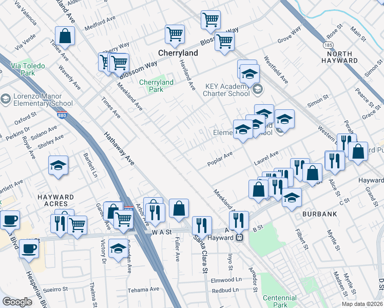 map of restaurants, bars, coffee shops, grocery stores, and more near 22002 Meekland Avenue in Hayward