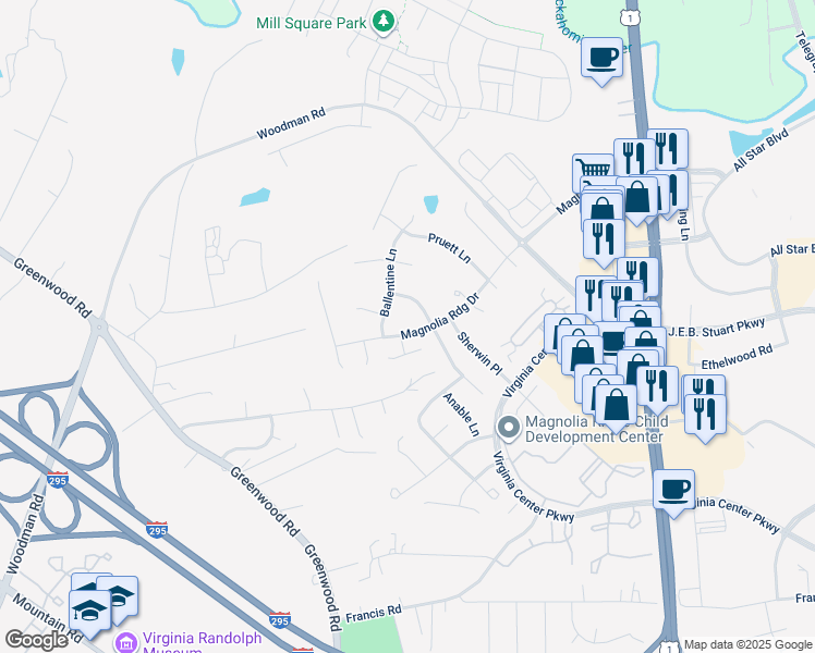 map of restaurants, bars, coffee shops, grocery stores, and more near 1804 Sidney Court in Glen Allen