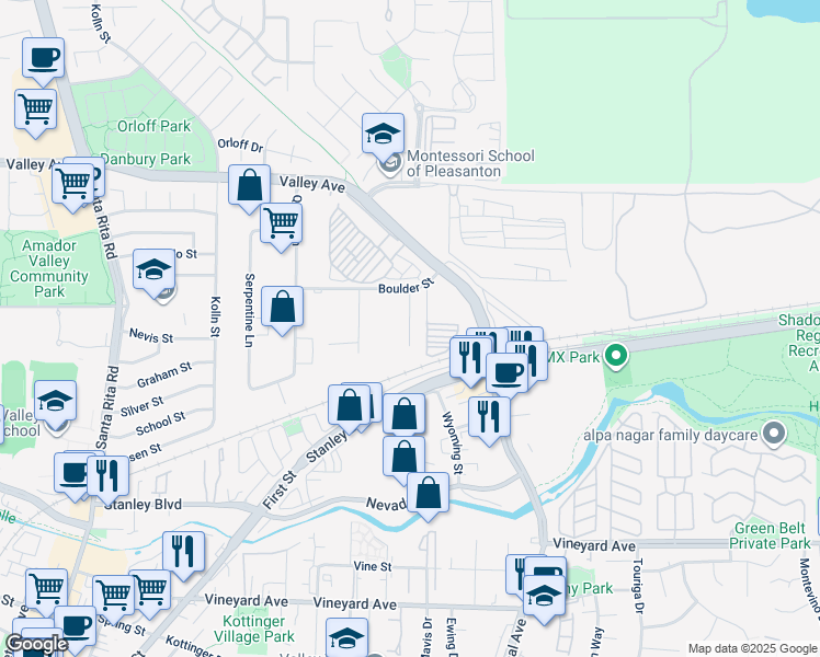 map of restaurants, bars, coffee shops, grocery stores, and more near 3500 Boulder Street in Pleasanton