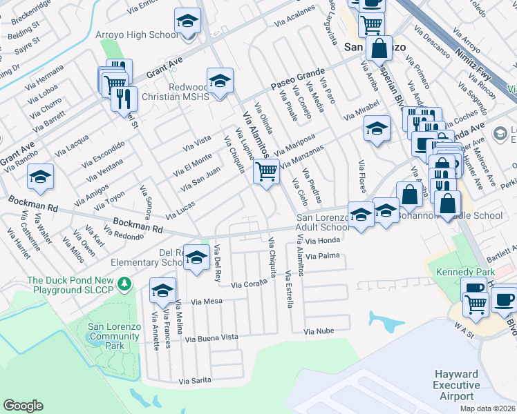 map of restaurants, bars, coffee shops, grocery stores, and more near 17061 Via Chiquita in San Lorenzo