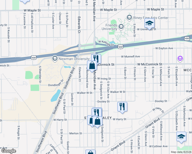map of restaurants, bars, coffee shops, grocery stores, and more near in Wichita