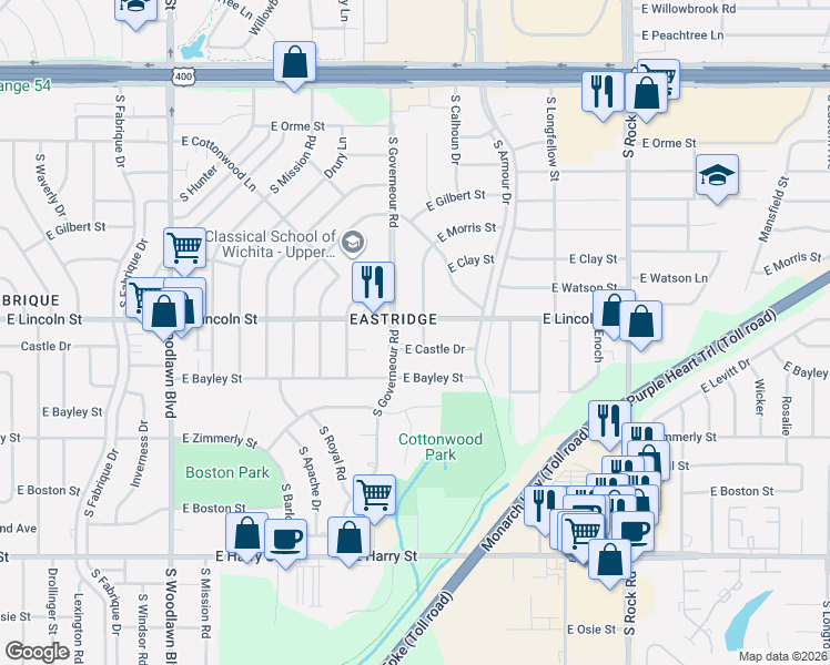 map of restaurants, bars, coffee shops, grocery stores, and more near 7123 East Castle Drive in Wichita