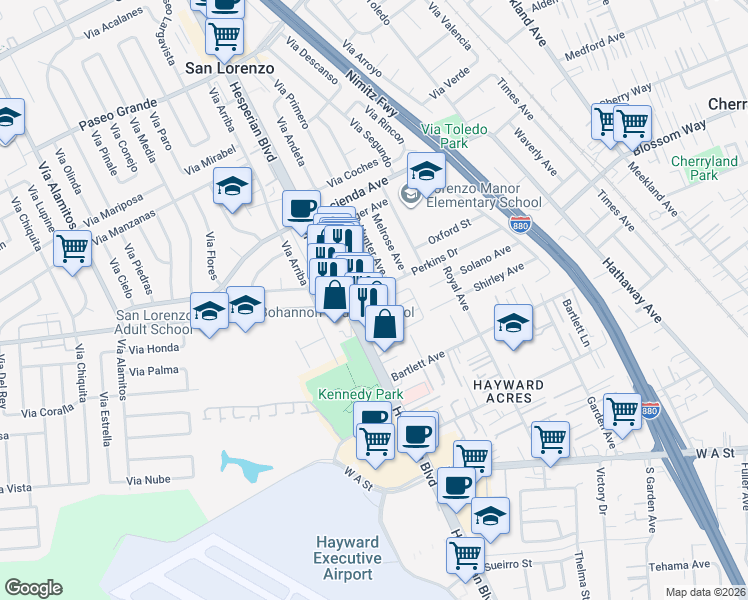 map of restaurants, bars, coffee shops, grocery stores, and more near 596 Perkins Drive in Hayward