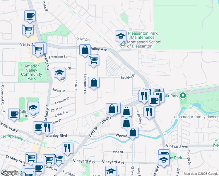 map of restaurants, bars, coffee shops, grocery stores, and more near 435 Boulder Court in Pleasanton