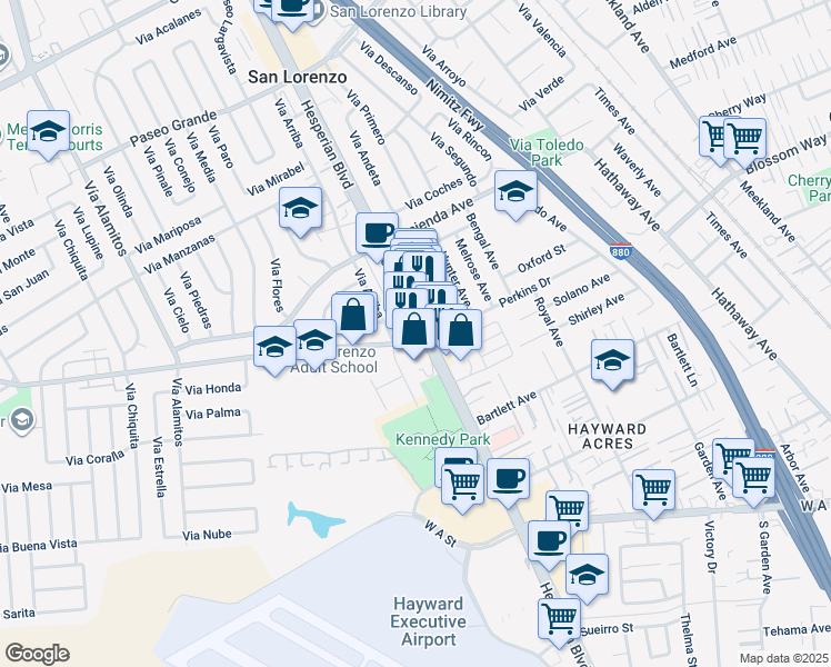 map of restaurants, bars, coffee shops, grocery stores, and more near 676 Bockman Road in San Lorenzo