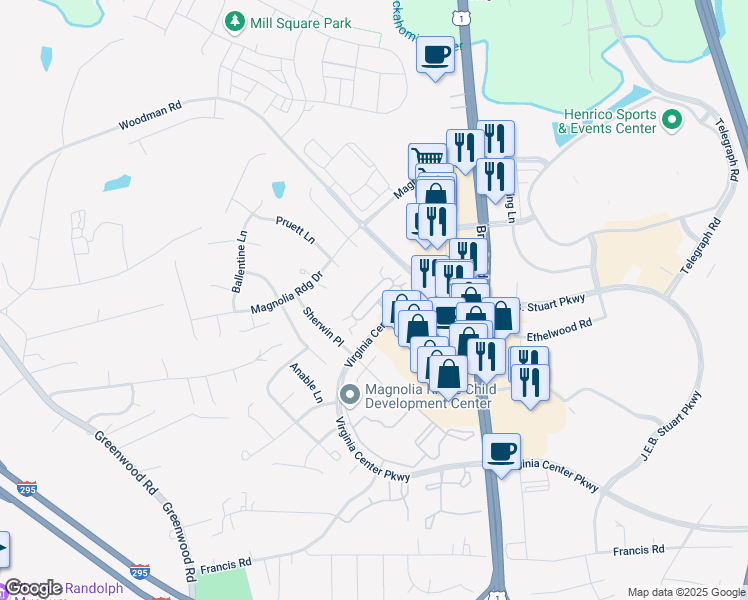 map of restaurants, bars, coffee shops, grocery stores, and more near 1420 Patriot Circle in Glen Allen