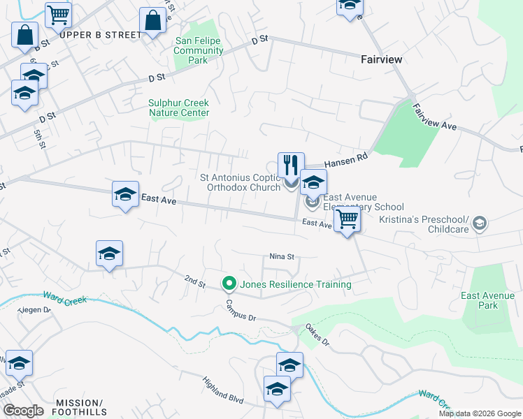 map of restaurants, bars, coffee shops, grocery stores, and more near 2195 East Avenue in Hayward