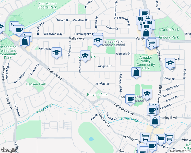 map of restaurants, bars, coffee shops, grocery stores, and more near 1661 Tanglewood Court in Pleasanton