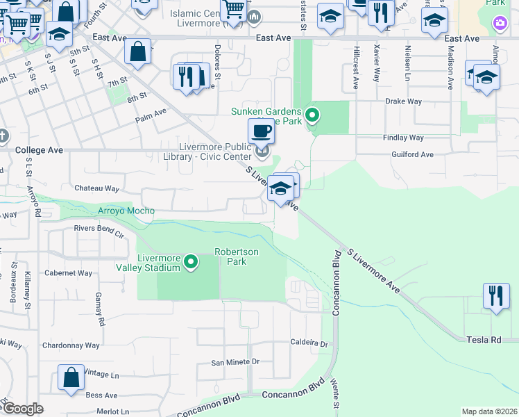 map of restaurants, bars, coffee shops, grocery stores, and more near 1375 Chateau Common in Livermore