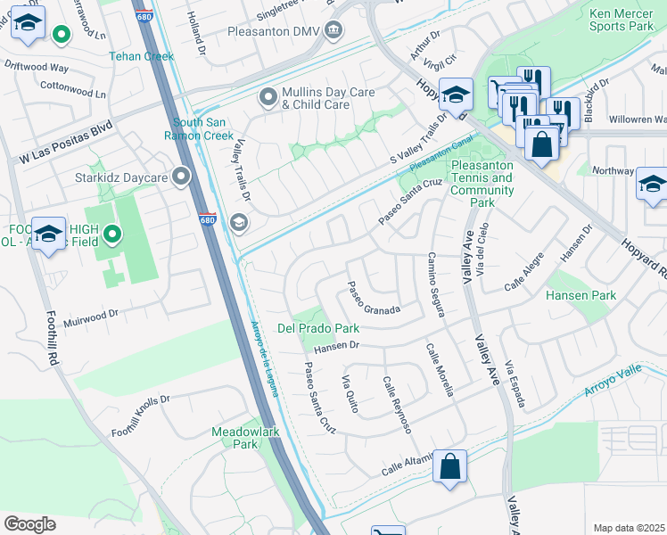 map of restaurants, bars, coffee shops, grocery stores, and more near 3162 Paseo Robles in Pleasanton
