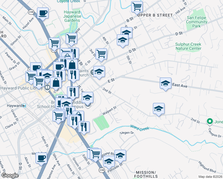 map of restaurants, bars, coffee shops, grocery stores, and more near 23974 2nd Street in Hayward