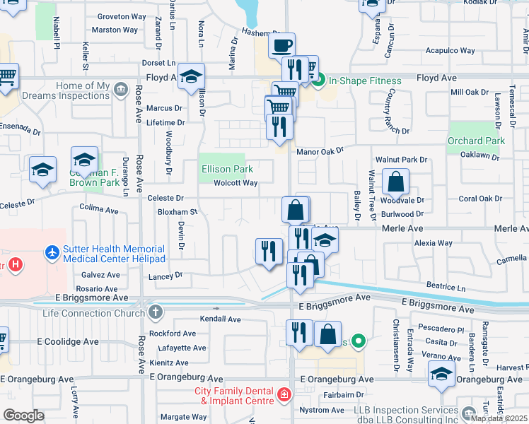 map of restaurants, bars, coffee shops, grocery stores, and more near 1823 Oakdale Road in Modesto