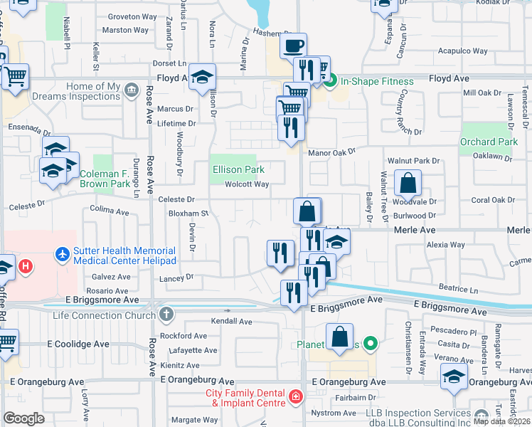 map of restaurants, bars, coffee shops, grocery stores, and more near 1909 Althoff Court in Modesto