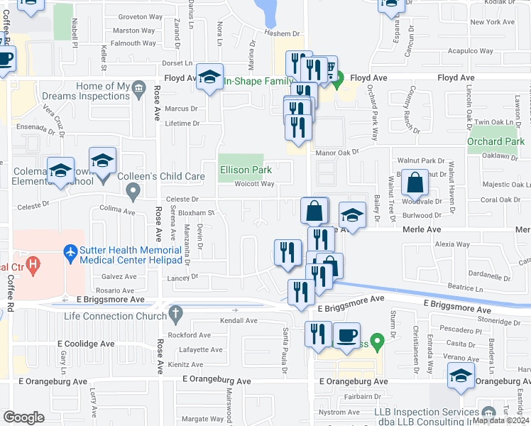 map of restaurants, bars, coffee shops, grocery stores, and more near 1909 Althoff Court in Modesto