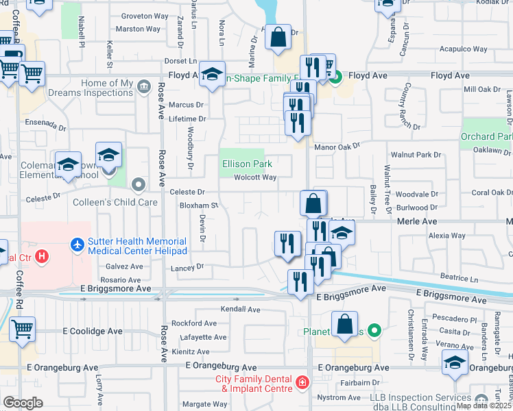 map of restaurants, bars, coffee shops, grocery stores, and more near 1906 Celeste Court in Modesto