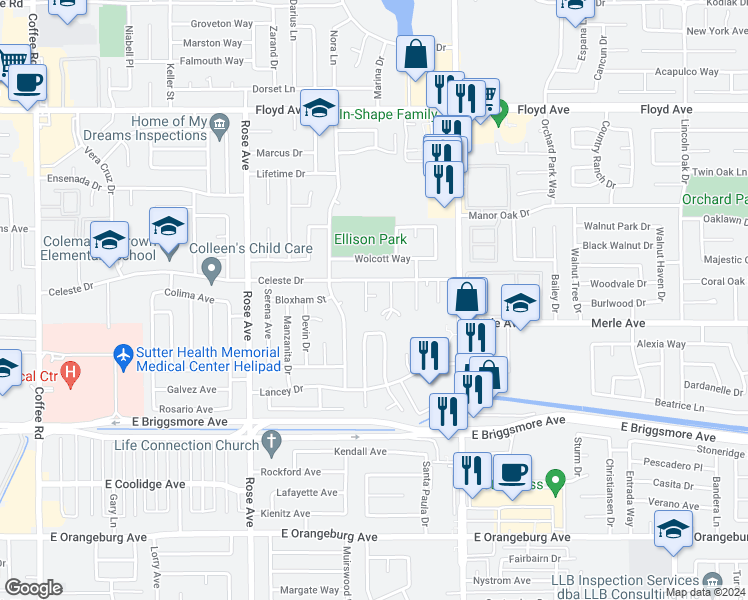 map of restaurants, bars, coffee shops, grocery stores, and more near 1906 Celeste Court in Modesto