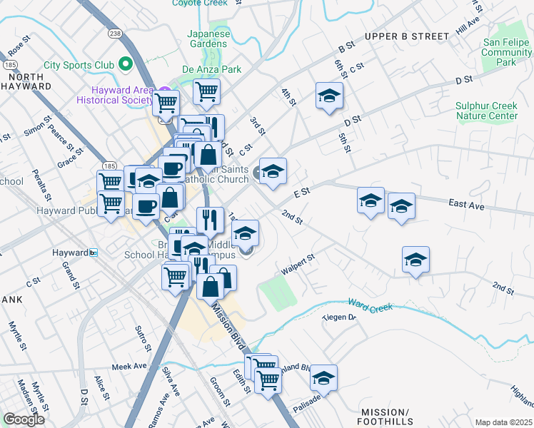 map of restaurants, bars, coffee shops, grocery stores, and more near 23940 Carmelita Drive in Hayward