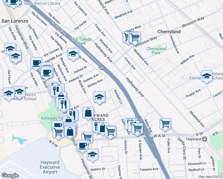 map of restaurants, bars, coffee shops, grocery stores, and more near 452 Bartlett Avenue in Hayward