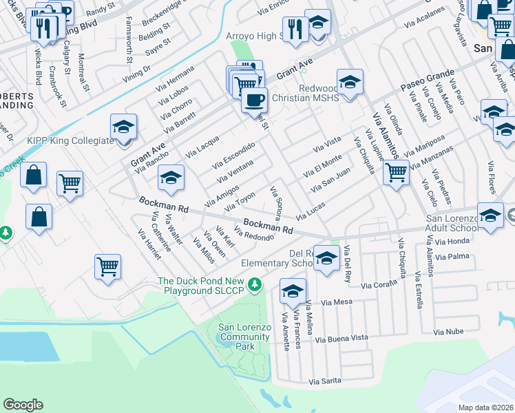 map of restaurants, bars, coffee shops, grocery stores, and more near 1733 Bockman Road in San Lorenzo