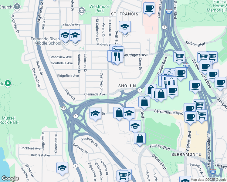 map of restaurants, bars, coffee shops, grocery stores, and more near 595 Clarinada Avenue in Daly City