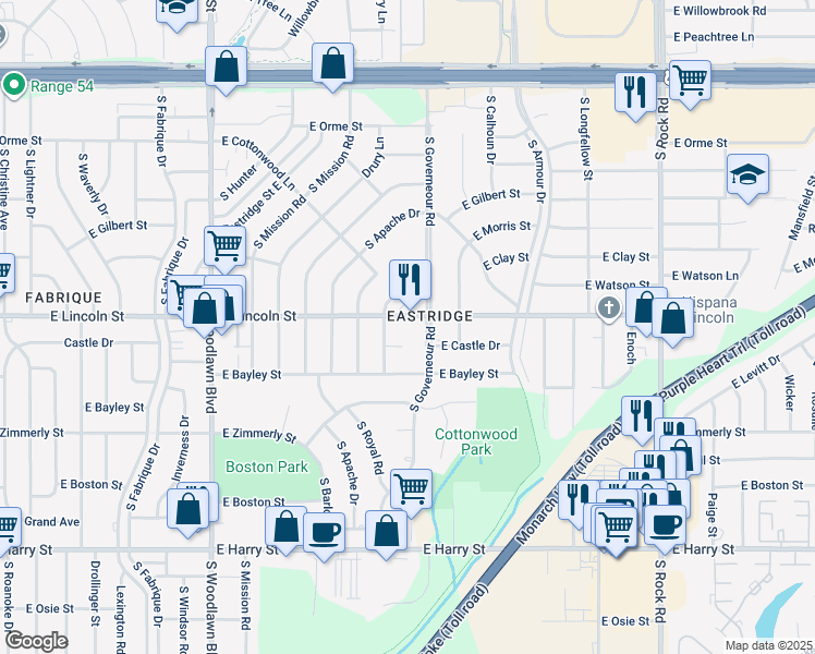 map of restaurants, bars, coffee shops, grocery stores, and more near 921 South Governeour Road in Wichita