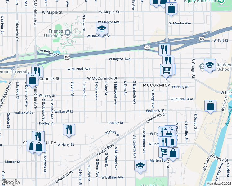 map of restaurants, bars, coffee shops, grocery stores, and more near 1121 South Millwood Avenue in Wichita