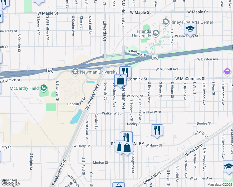 map of restaurants, bars, coffee shops, grocery stores, and more near 1111 Richmond South in Wichita