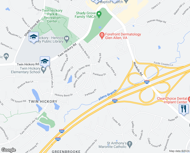 map of restaurants, bars, coffee shops, grocery stores, and more near 1029 Parkland Place in Glen Allen