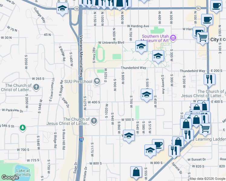 map of restaurants, bars, coffee shops, grocery stores, and more near 375 South 900 West in Cedar City