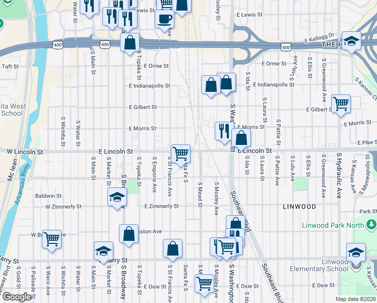 map of restaurants, bars, coffee shops, grocery stores, and more near 1223 Santa Fe South in Wichita