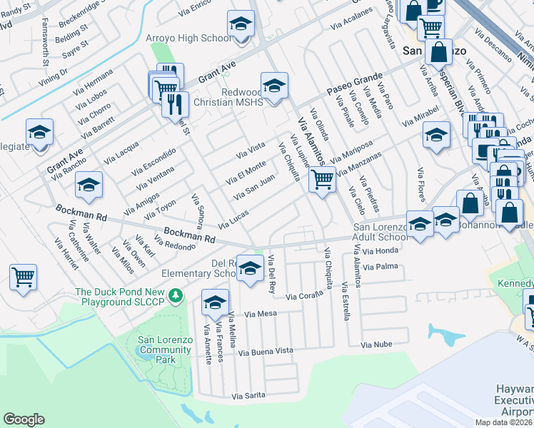map of restaurants, bars, coffee shops, grocery stores, and more near 1417 Via Manzanas in San Lorenzo