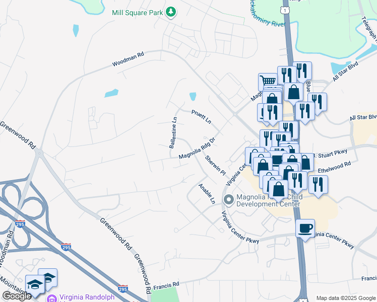 map of restaurants, bars, coffee shops, grocery stores, and more near 1800 Magnolia Ridge Drive in Glen Allen