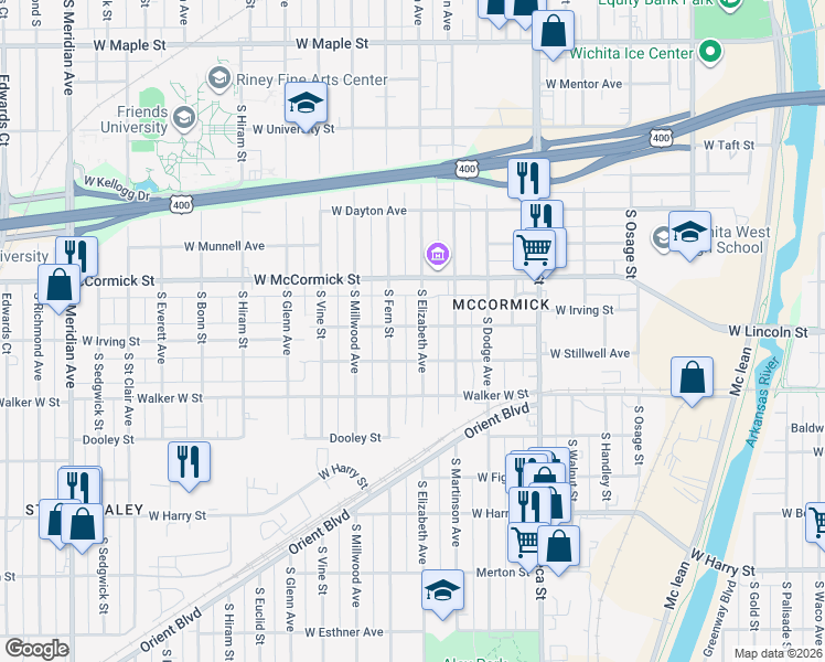 map of restaurants, bars, coffee shops, grocery stores, and more near 1101 South Elizabeth in Wichita