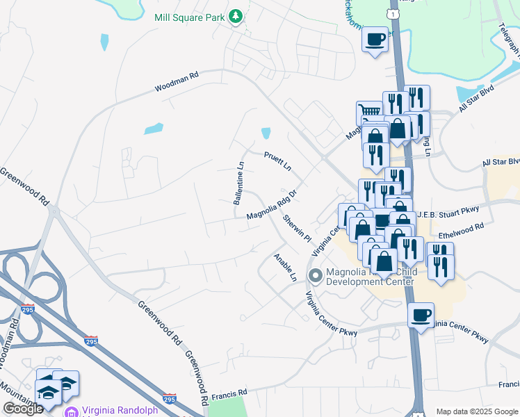 map of restaurants, bars, coffee shops, grocery stores, and more near 1800 Magnolia Ridge Drive in Glen Allen