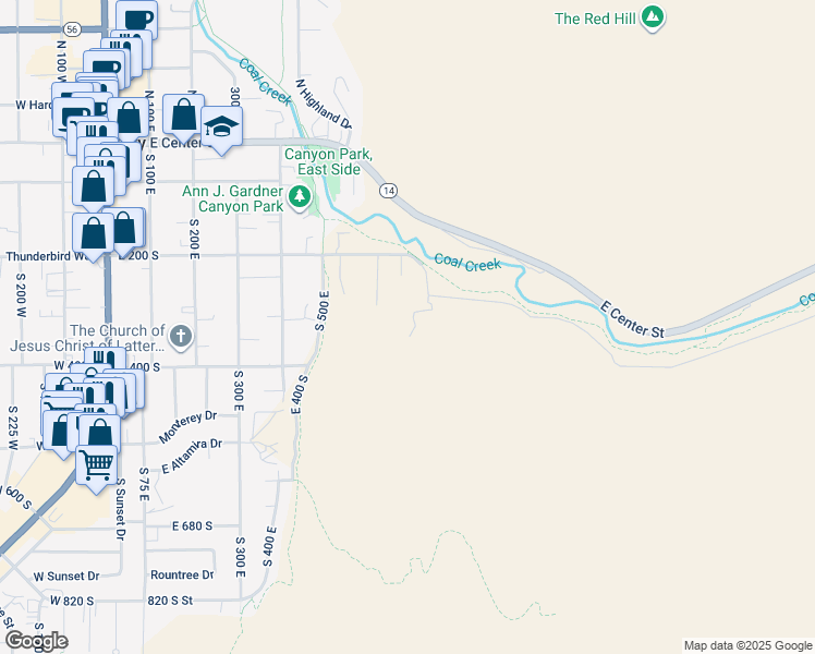 map of restaurants, bars, coffee shops, grocery stores, and more near 374 Spring Canyon Road in Cedar City