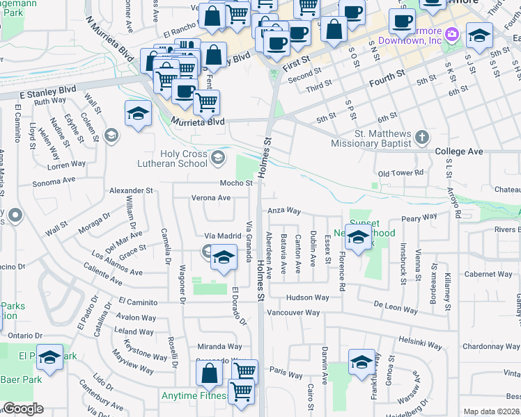 map of restaurants, bars, coffee shops, grocery stores, and more near 884 Holmes Street in Livermore