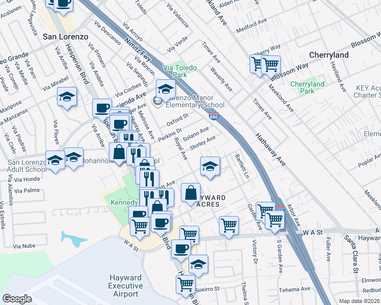 map of restaurants, bars, coffee shops, grocery stores, and more near 19839 Royal Avenue in Hayward